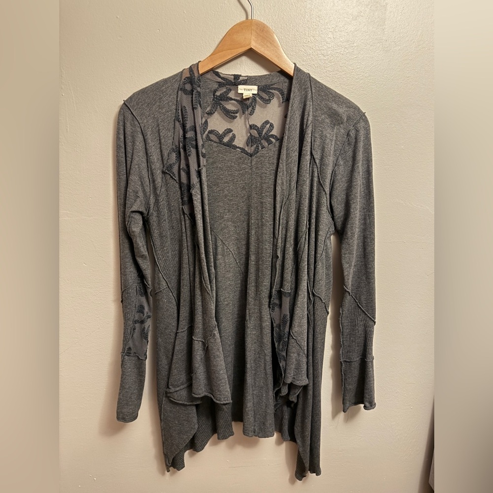 Anthropologie Gray Cardigan Floral Detail Small